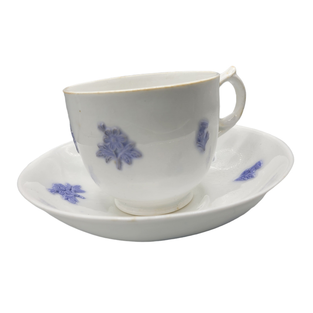 ANTIQUE Chelsea Blue Porcelain Bone Cup Saucer Adderley Embossed Leaf Raised